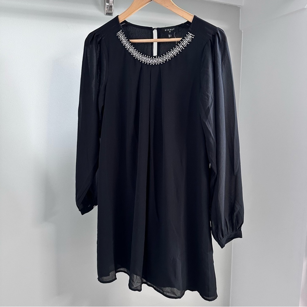 Everly Black Mini Dress with Beaded Neckline Wedding Church Party Small 3584 WW